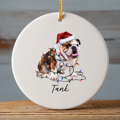 Personalized Bulldog Christmas Ornament, Ceramic Dog Lover Keepsake, Festive Lights Decoration