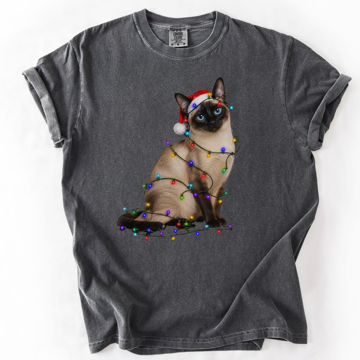 Siamese Cat Christmas Lights Shirt, Comfort Colors Holiday Cat Lover Tee