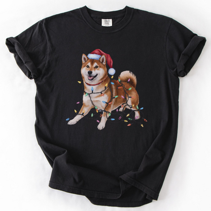 Red Shiba Inu Christmas Lights Shirt, Festive Holiday Tee for Shiba Fans