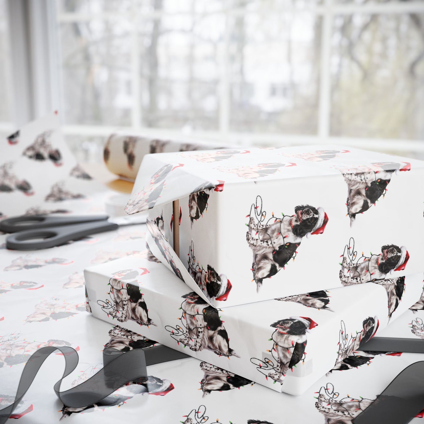 Black Springer Spaniel Christmas Lights Wrapping Paper