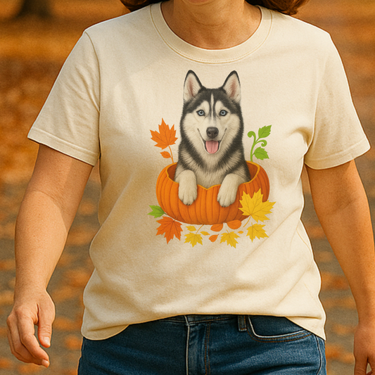Husky Pumpkin Shirt, Cute Fall Dog Lover Tee with Siberian Husky and Autumn Leaves