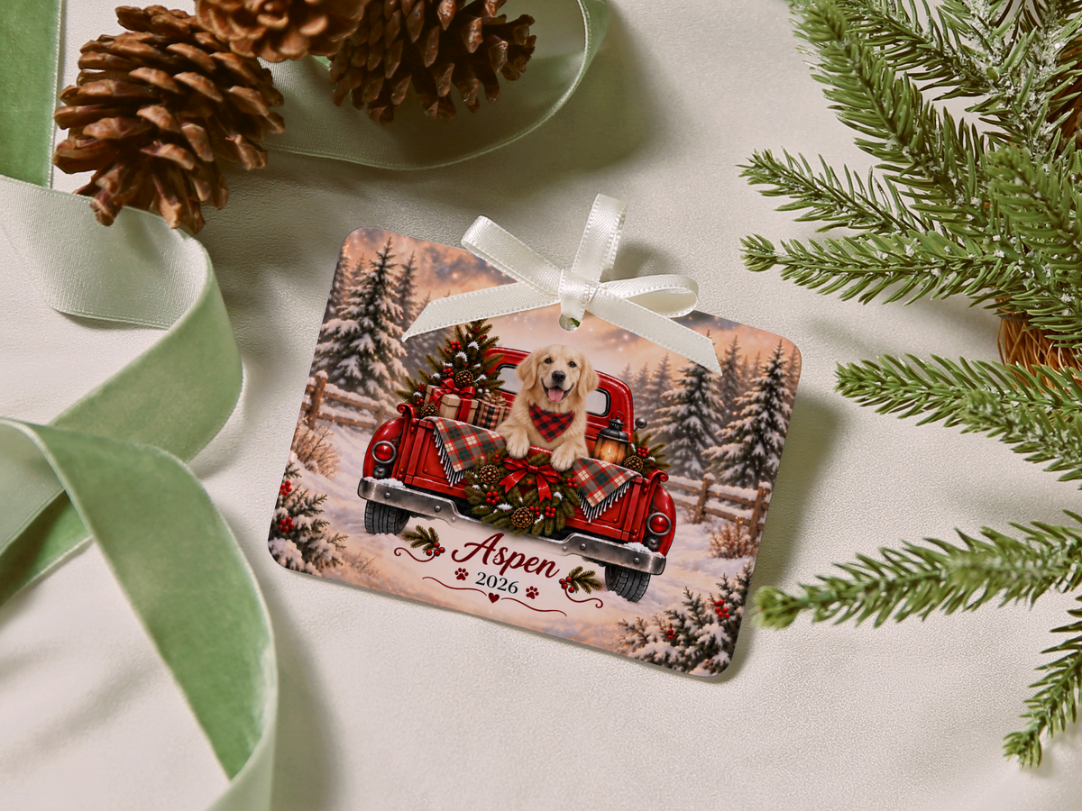 Personalized English Cream Golden Retriever Ornament, Christmas Red Truck, Custom Name and Year