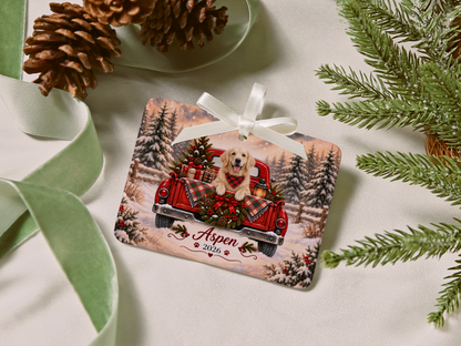 Personalized English Cream Golden Retriever Ornament, Christmas Red Truck, Custom Name and Year
