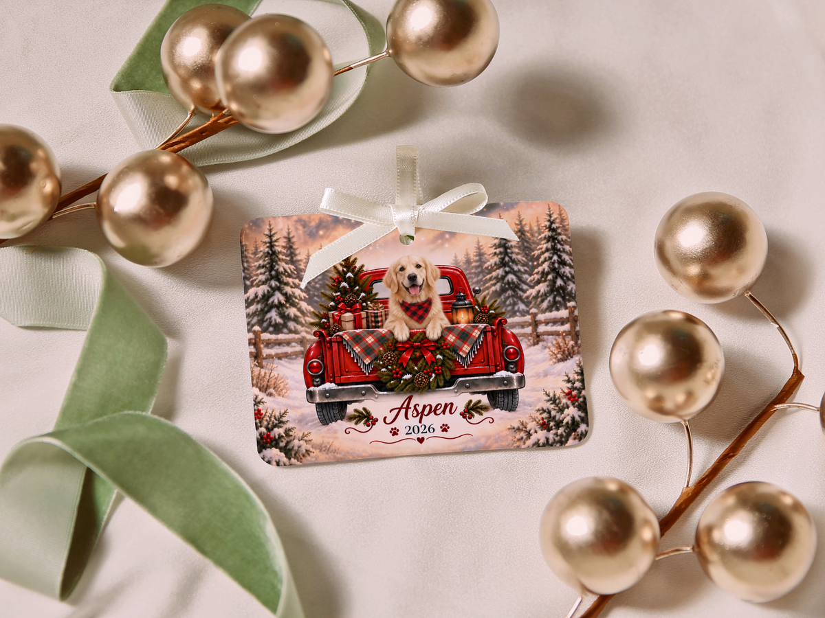 Personalized English Cream Golden Retriever Ornament, Christmas Red Truck, Custom Name and Year