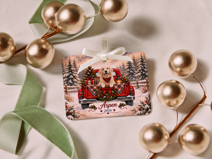 Personalized English Cream Golden Retriever Ornament, Christmas Red Truck, Custom Name and Year