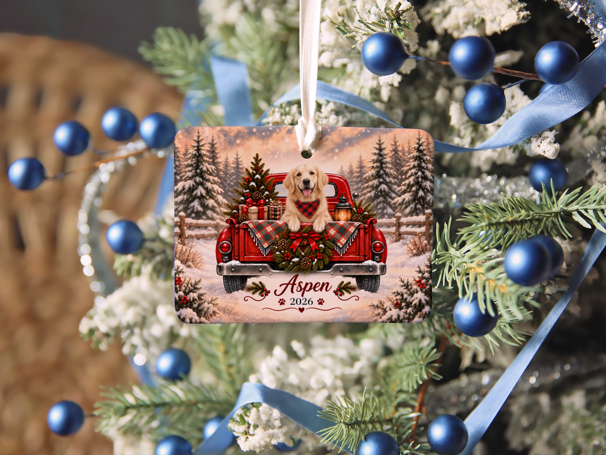 Personalized English Cream Golden Retriever Ornament, Christmas Red Truck, Custom Name and Year