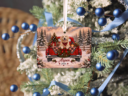 Personalized English Cream Golden Retriever Ornament, Christmas Red Truck, Custom Name and Year