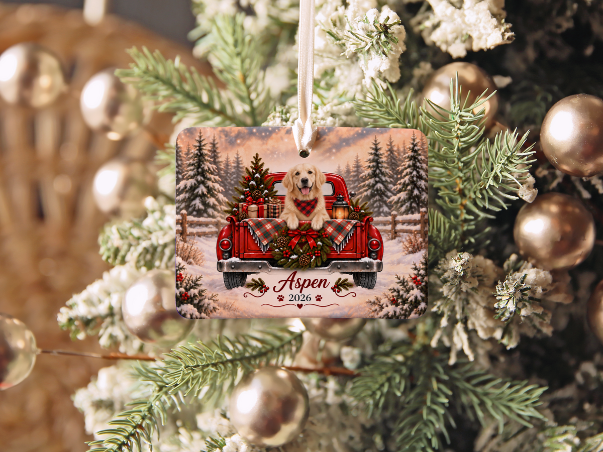 Personalized English Cream Golden Retriever Ornament, Christmas Red Truck, Custom Name and Year