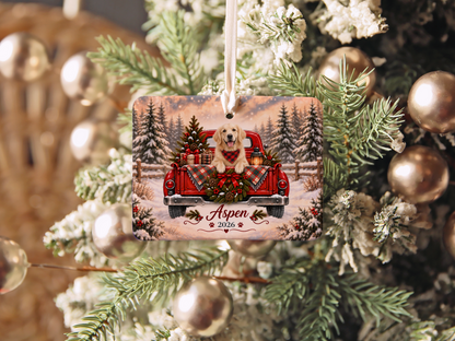 Personalized English Cream Golden Retriever Ornament, Christmas Red Truck, Custom Name and Year