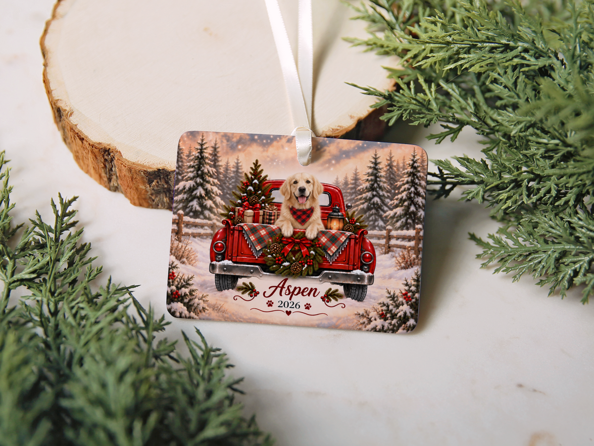 Personalized English Cream Golden Retriever Ornament, Christmas Red Truck, Custom Name and Year