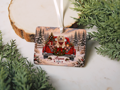 Personalized English Cream Golden Retriever Ornament, Christmas Red Truck, Custom Name and Year