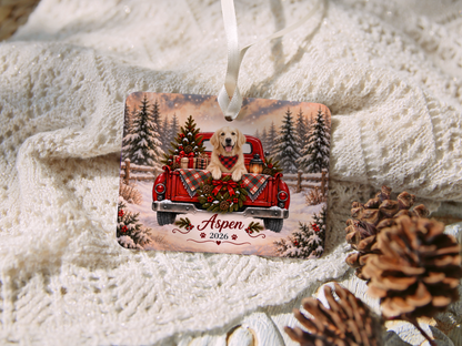 Personalized English Cream Golden Retriever Ornament, Christmas Red Truck, Custom Name and Year