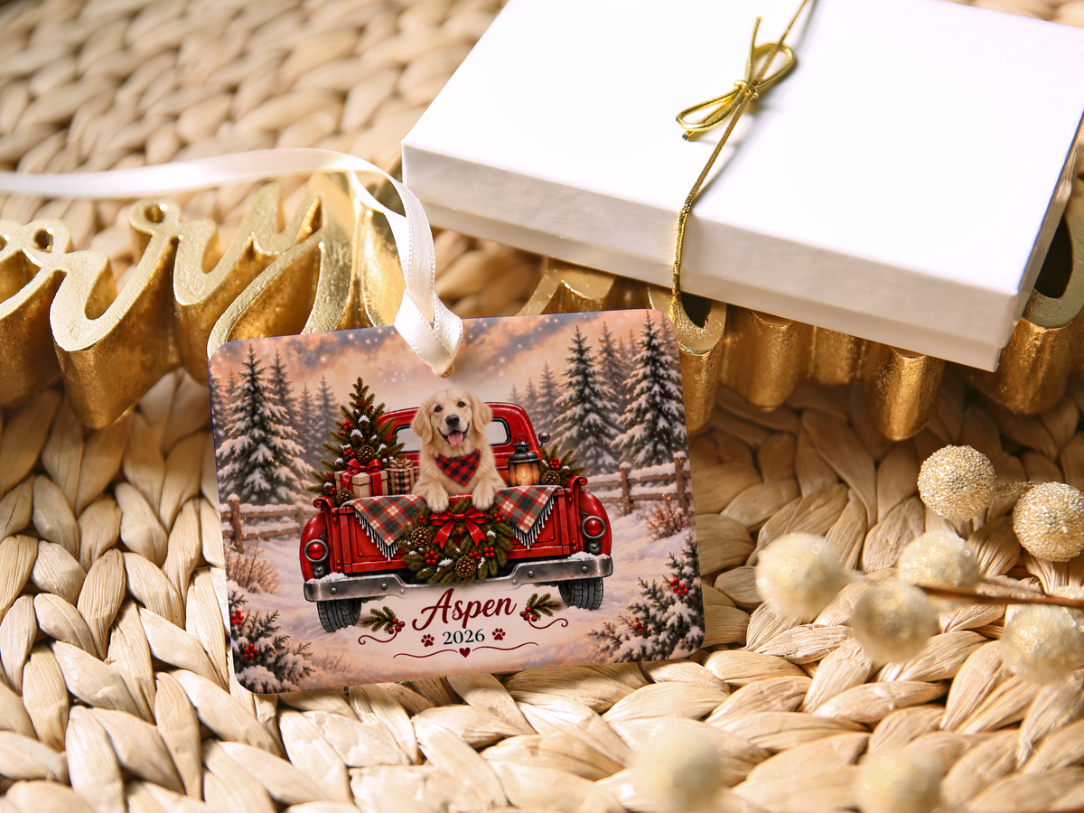 Personalized English Cream Golden Retriever Ornament, Christmas Red Truck, Custom Name and Year