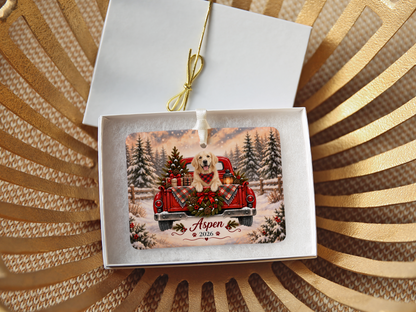 Personalized English Cream Golden Retriever Ornament, Christmas Red Truck, Custom Name and Year