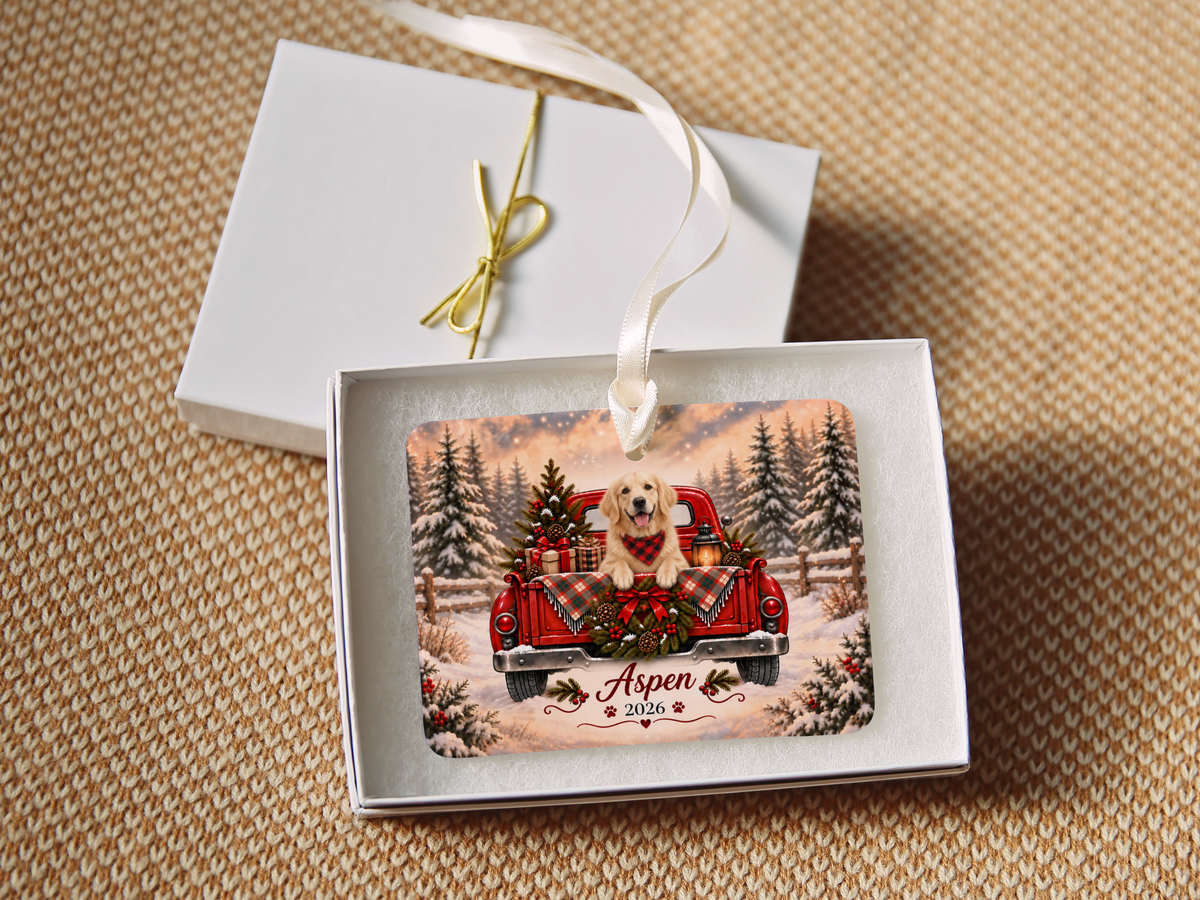 Personalized English Cream Golden Retriever Ornament, Christmas Red Truck, Custom Name and Year