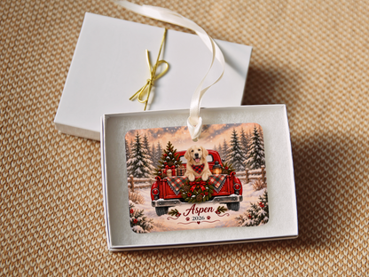 Personalized English Cream Golden Retriever Ornament, Christmas Red Truck, Custom Name and Year