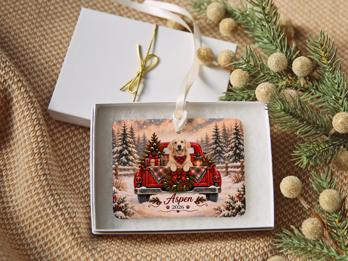 Personalized English Cream Golden Retriever Ornament, Christmas Red Truck, Custom Name and Year