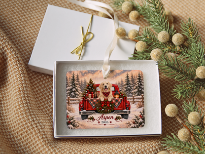 Personalized English Cream Golden Retriever Ornament, Christmas Red Truck, Custom Name and Year