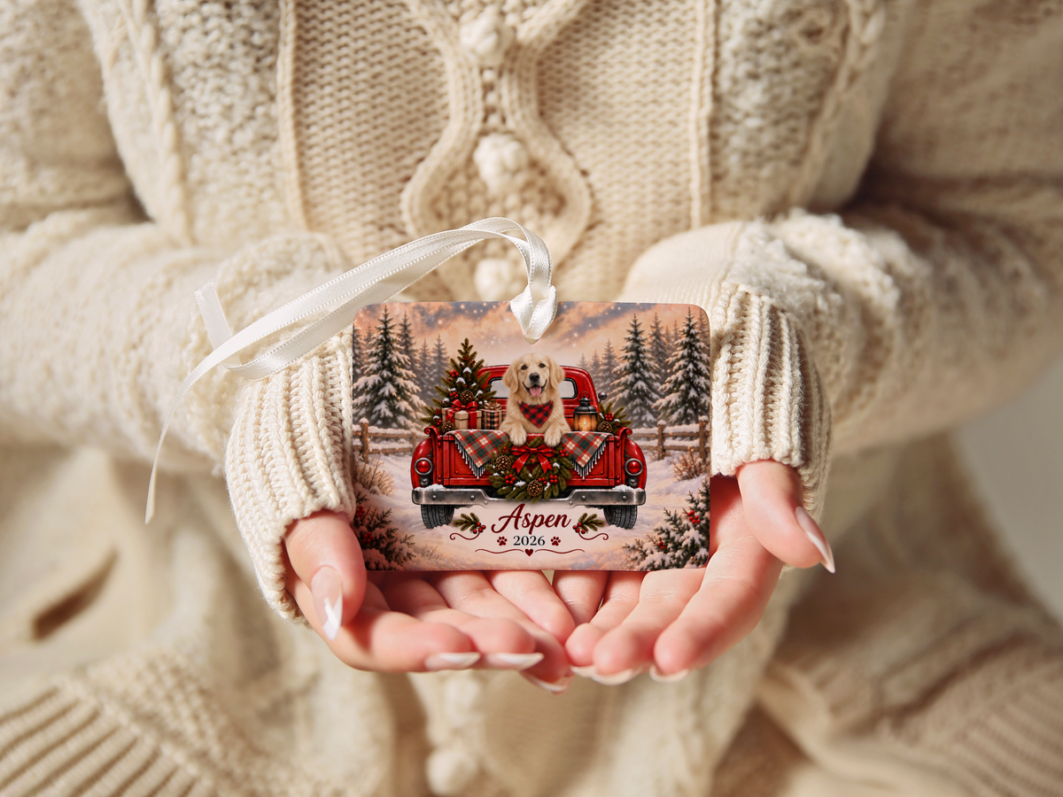 Personalized English Cream Golden Retriever Ornament, Christmas Red Truck, Custom Name and Year