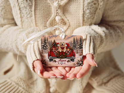Personalized English Cream Golden Retriever Ornament, Christmas Red Truck, Custom Name and Year