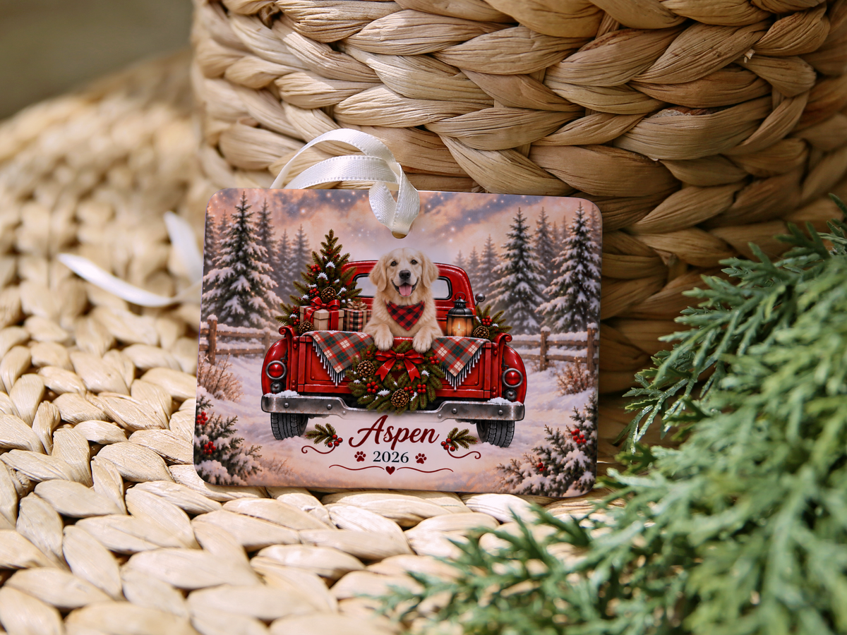 Personalized English Cream Golden Retriever Ornament, Christmas Red Truck, Custom Name and Year