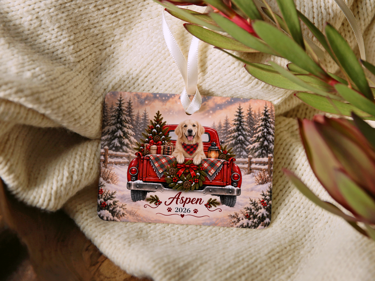 Personalized English Cream Golden Retriever Ornament, Christmas Red Truck, Custom Name and Year