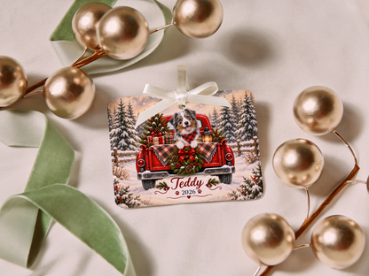 Personalized Australian Shepherd Ornament, Christmas Red Truck, Custom Name and Year