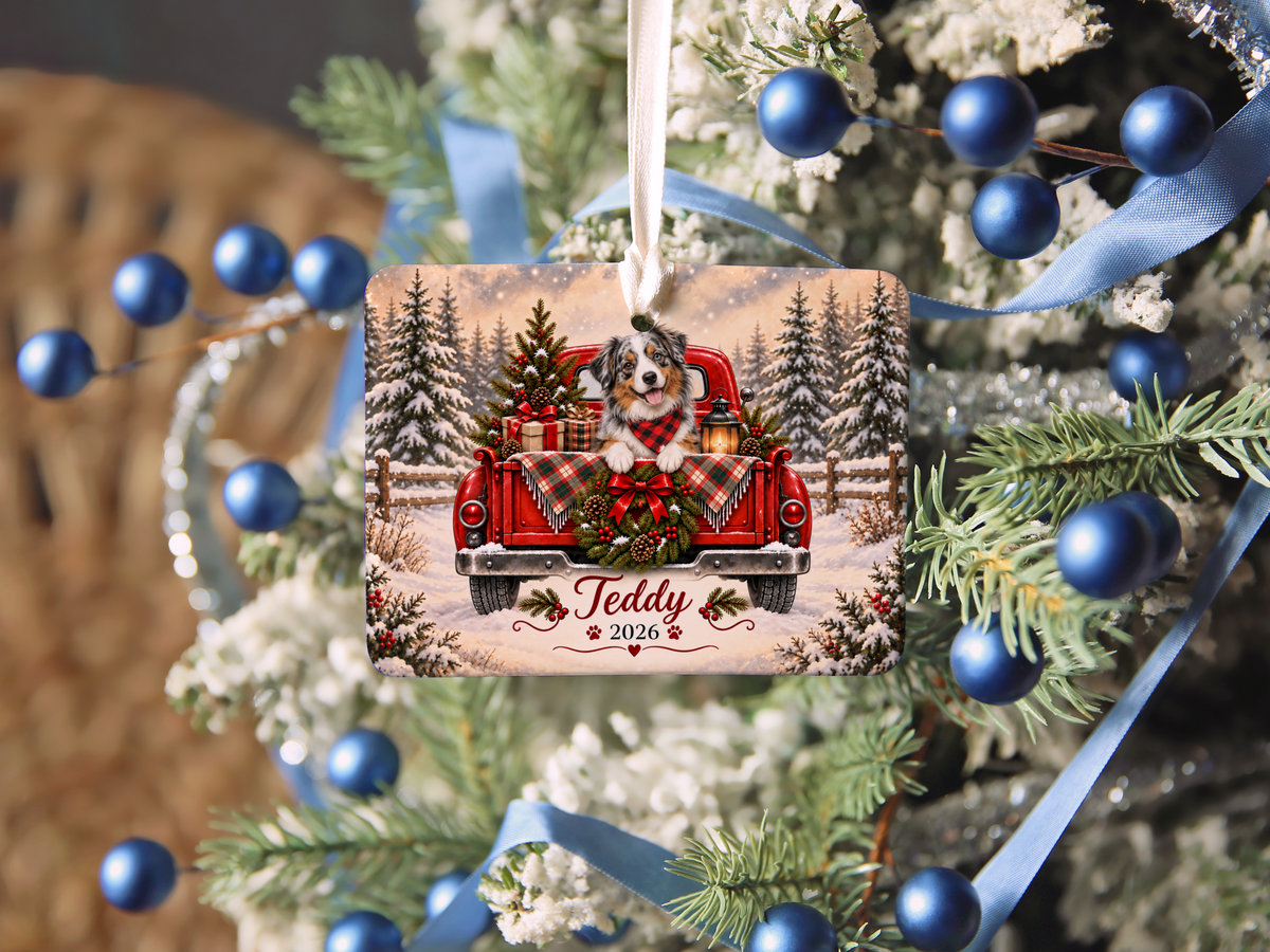 Personalized Australian Shepherd Ornament, Christmas Red Truck, Custom Name and Year