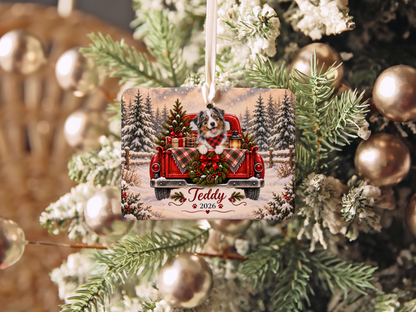 Personalized Australian Shepherd Ornament, Christmas Red Truck, Custom Name and Year