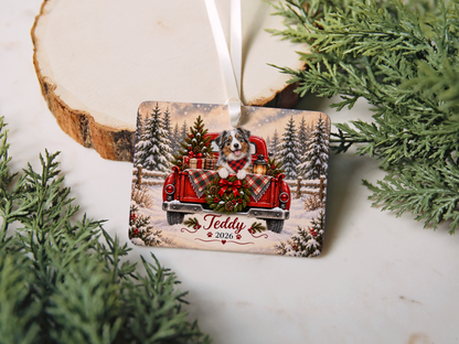 Personalized Australian Shepherd Ornament, Christmas Red Truck, Custom Name and Year