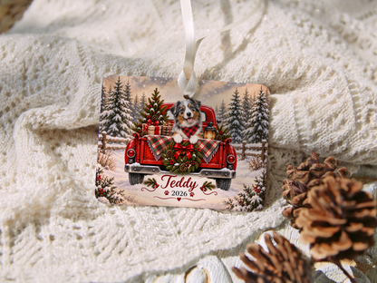 Personalized Australian Shepherd Ornament, Christmas Red Truck, Custom Name and Year