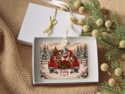 Personalized Australian Shepherd Ornament, Christmas Red Truck, Custom Name and Year