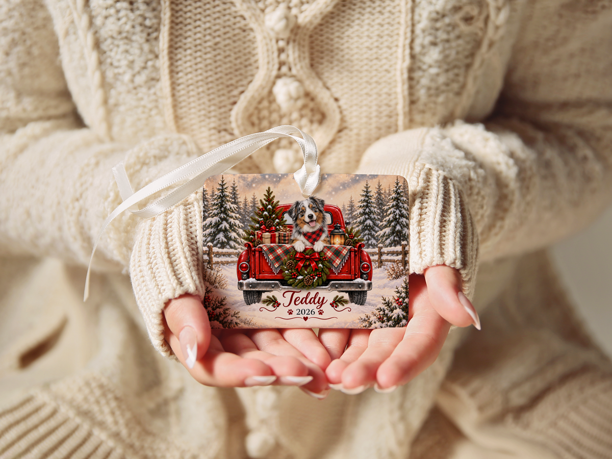 Personalized Australian Shepherd Ornament, Christmas Red Truck, Custom Name and Year