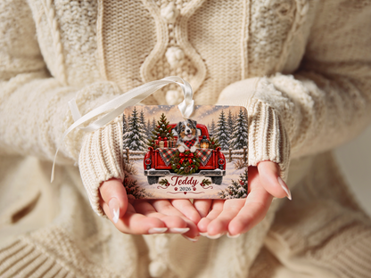 Personalized Australian Shepherd Ornament, Christmas Red Truck, Custom Name and Year