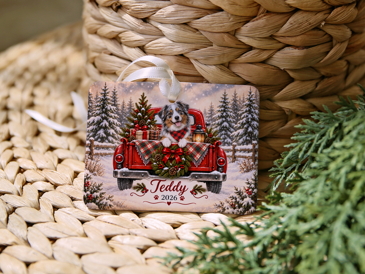Personalized Australian Shepherd Ornament, Christmas Red Truck, Custom Name and Year