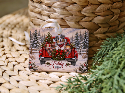 Personalized Australian Shepherd Ornament, Christmas Red Truck, Custom Name and Year