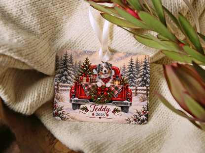 Personalized Australian Shepherd Ornament, Christmas Red Truck, Custom Name and Year