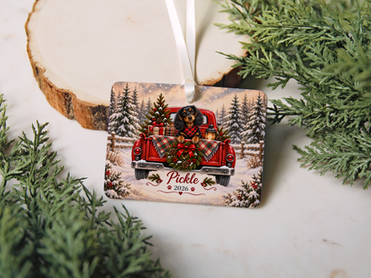 Personalized Black and Tan Dachshund Ornament, Christmas Red Truck, Custom Name and Year