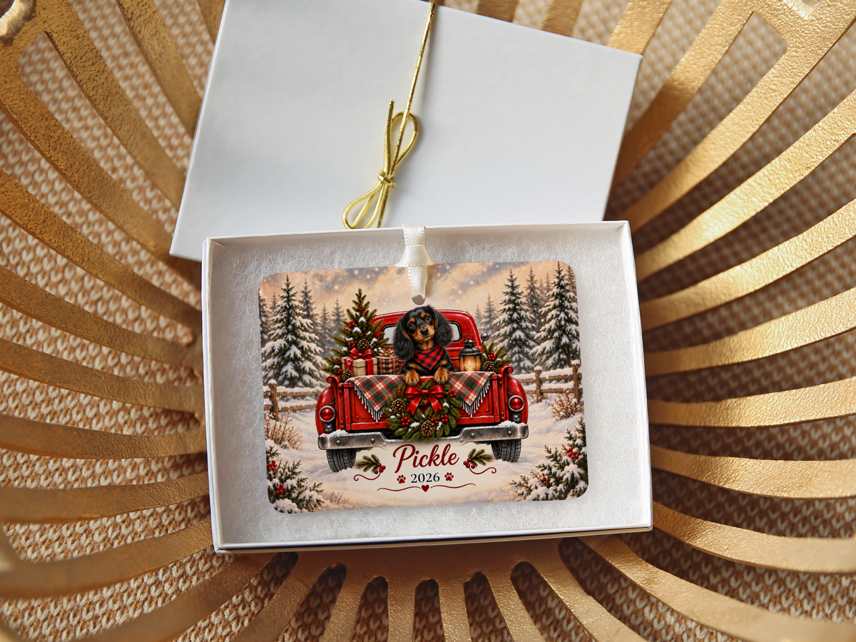 Personalized Black and Tan Dachshund Ornament, Christmas Red Truck, Custom Name and Year