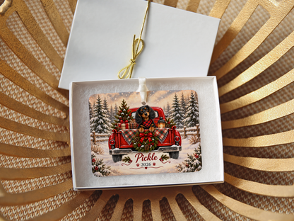 Personalized Black and Tan Dachshund Ornament, Christmas Red Truck, Custom Name and Year