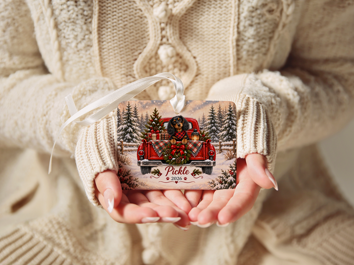 Personalized Black and Tan Dachshund Ornament, Christmas Red Truck, Custom Name and Year