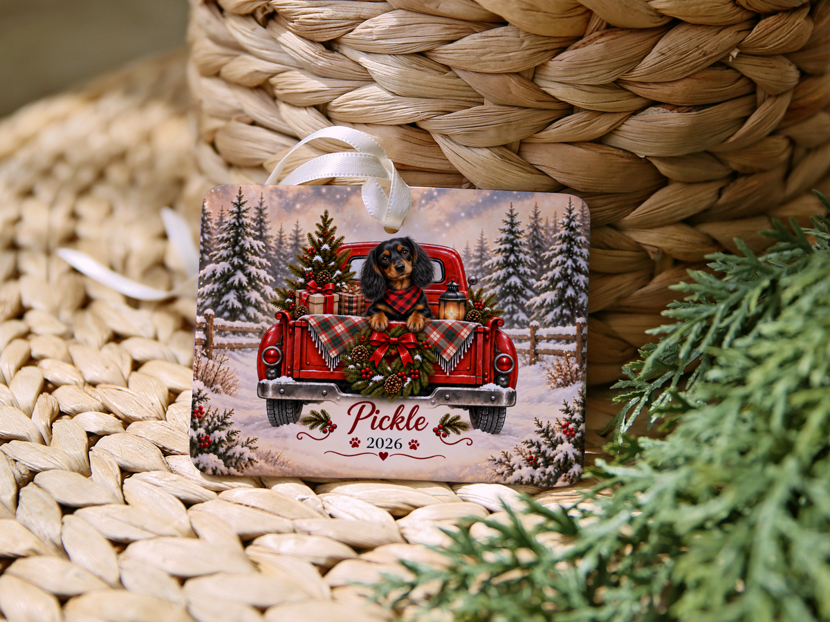 Personalized Black and Tan Dachshund Ornament, Christmas Red Truck, Custom Name and Year