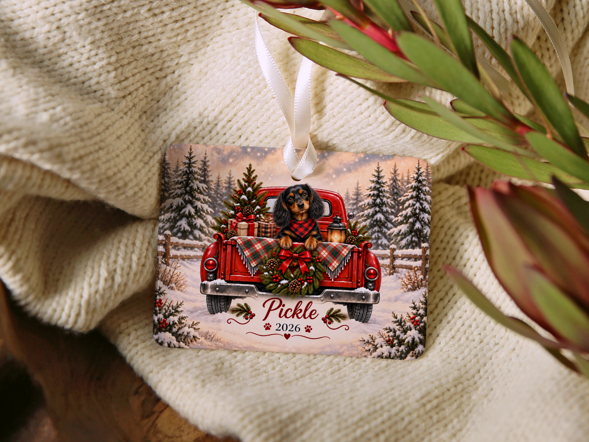 Personalized Black and Tan Dachshund Ornament, Christmas Red Truck, Custom Name and Year