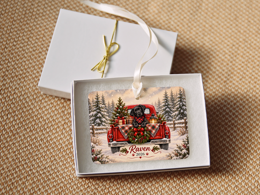 Personalized Black Lab Ornament, Christmas Red Truck, Custom Name and Year