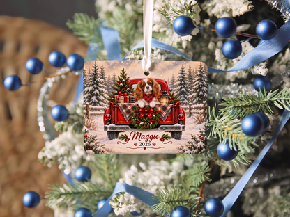 Personalized Blenheim Cavalier Ornament, Christmas Red Truck, Custom Name and Year