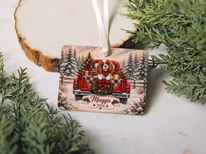 Personalized Blenheim Cavalier Ornament, Christmas Red Truck, Custom Name and Year