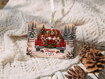 Personalized Blenheim Cavalier Ornament, Christmas Red Truck, Custom Name and Year