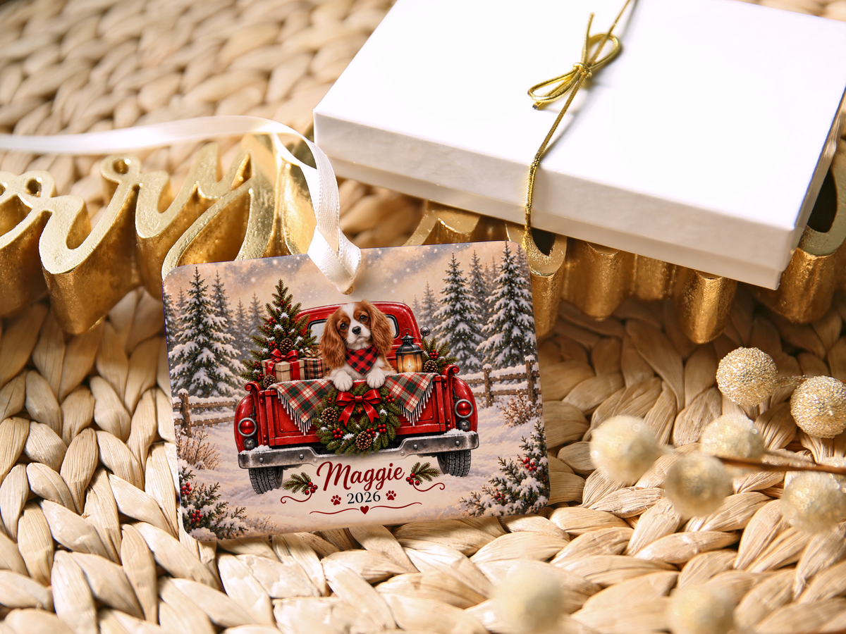 Personalized Blenheim Cavalier Ornament, Christmas Red Truck, Custom Name and Year