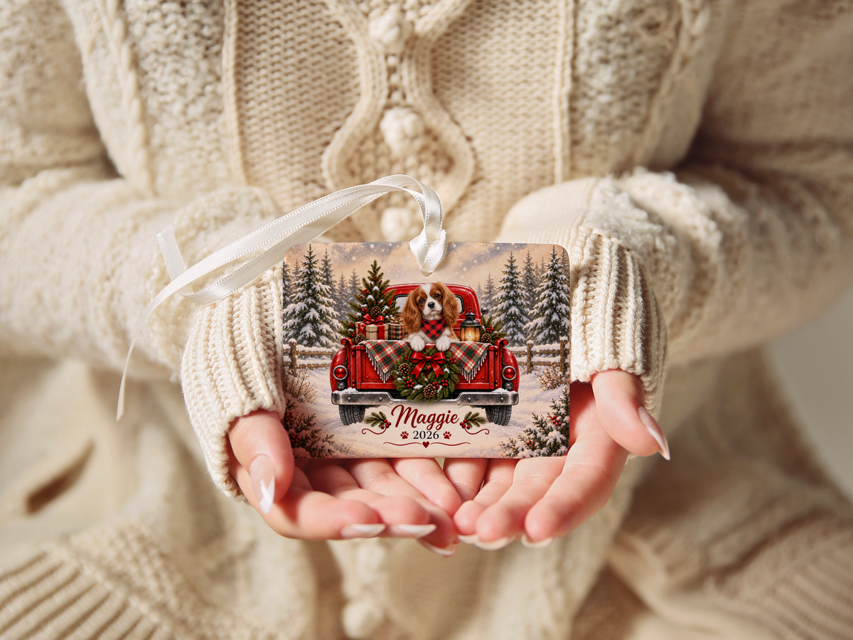 Personalized Blenheim Cavalier Ornament, Christmas Red Truck, Custom Name and Year