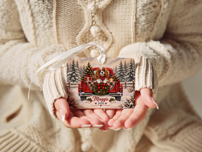 Personalized Blenheim Cavalier Ornament, Christmas Red Truck, Custom Name and Year